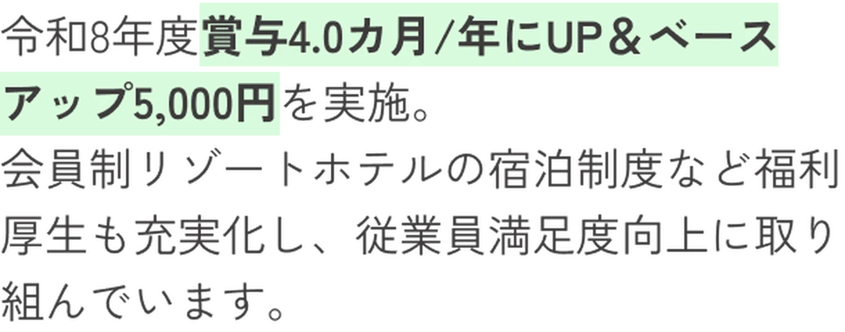 令和8年度賞与4.0カ月/年にUP＆ベースアップ5,000円を実施。会員制リゾートホテルの宿泊制度など福利厚生も充実化し、従業員満足度向上に取り組んでいます。